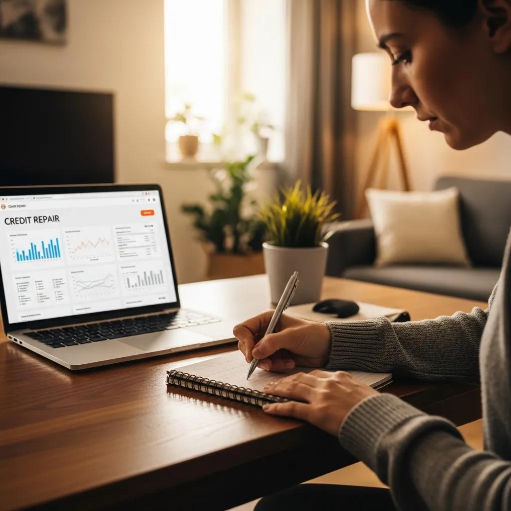 Person writing credit score improvement strategies in a cozy setting