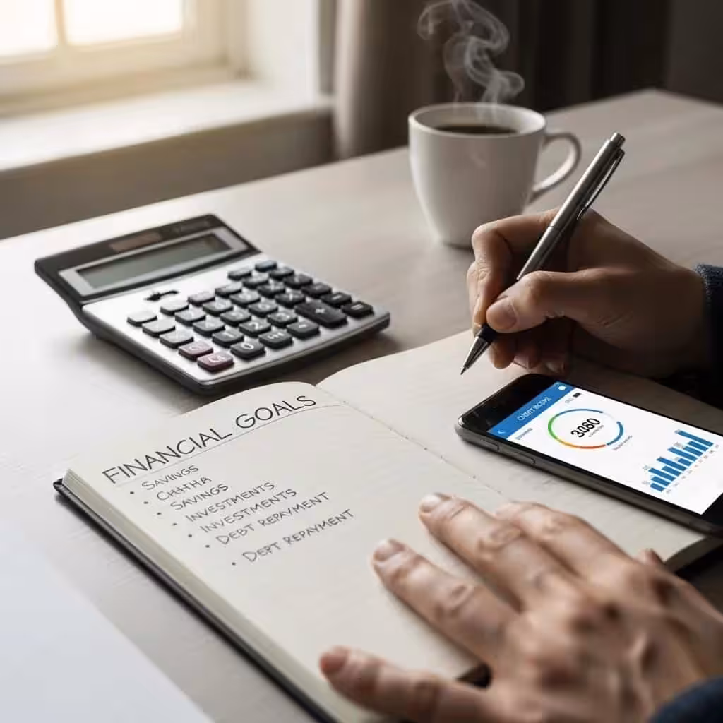 Person writing financial goals with a calculator and credit score app, illustrating credit score factors
