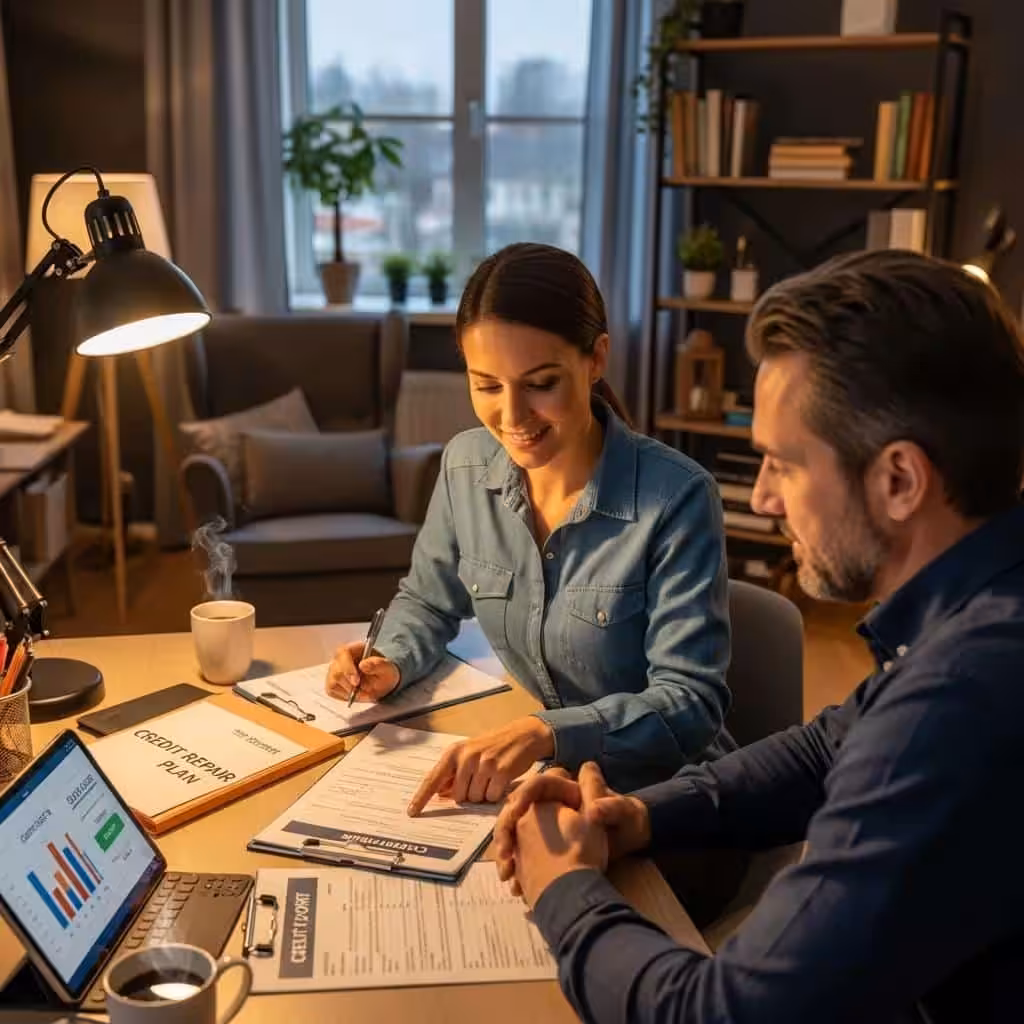 Professional credit repair consultant assisting a client in a cozy office, emphasizing support and expertise