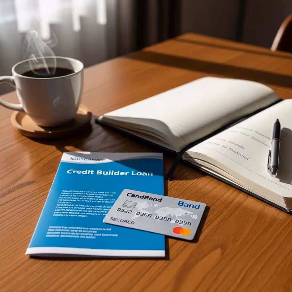 Secured credit card and credit builder loan brochure on a table, symbolizing credit building tools