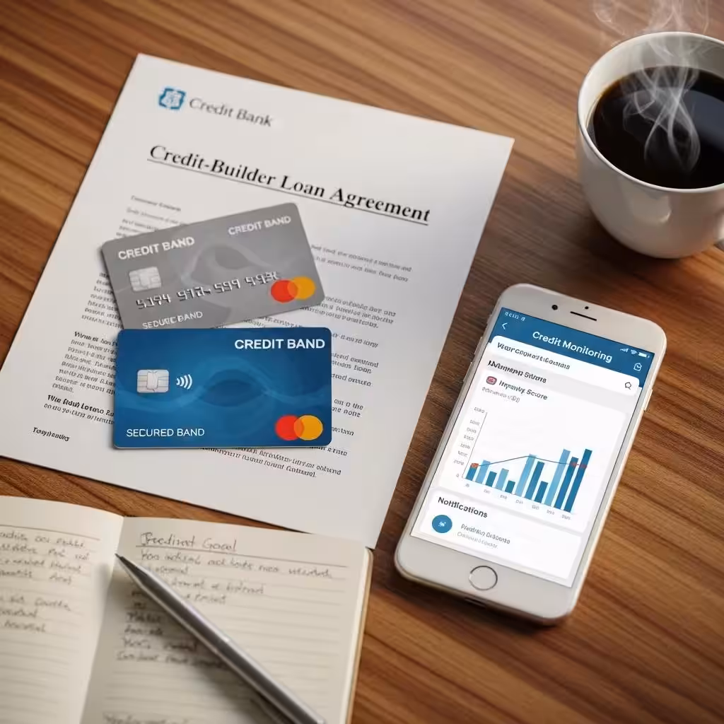 Secured credit card and credit-builder loan document on a table, representing credit building tools