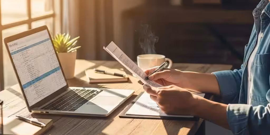 Small business owner in Texas reviewing financial documents at a cozy desk