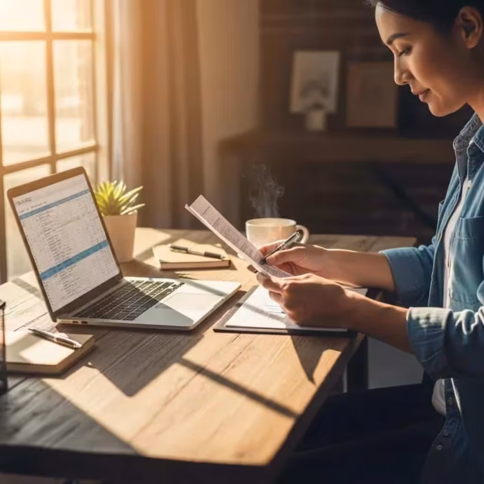 Small business owner in Texas reviewing financial documents at a cozy desk