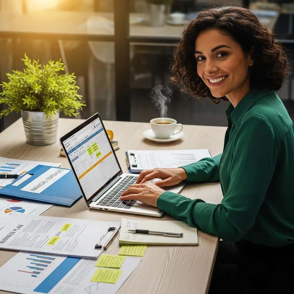 Small business owner working on a laptop with financial documents, representing best practices for establishing business credit