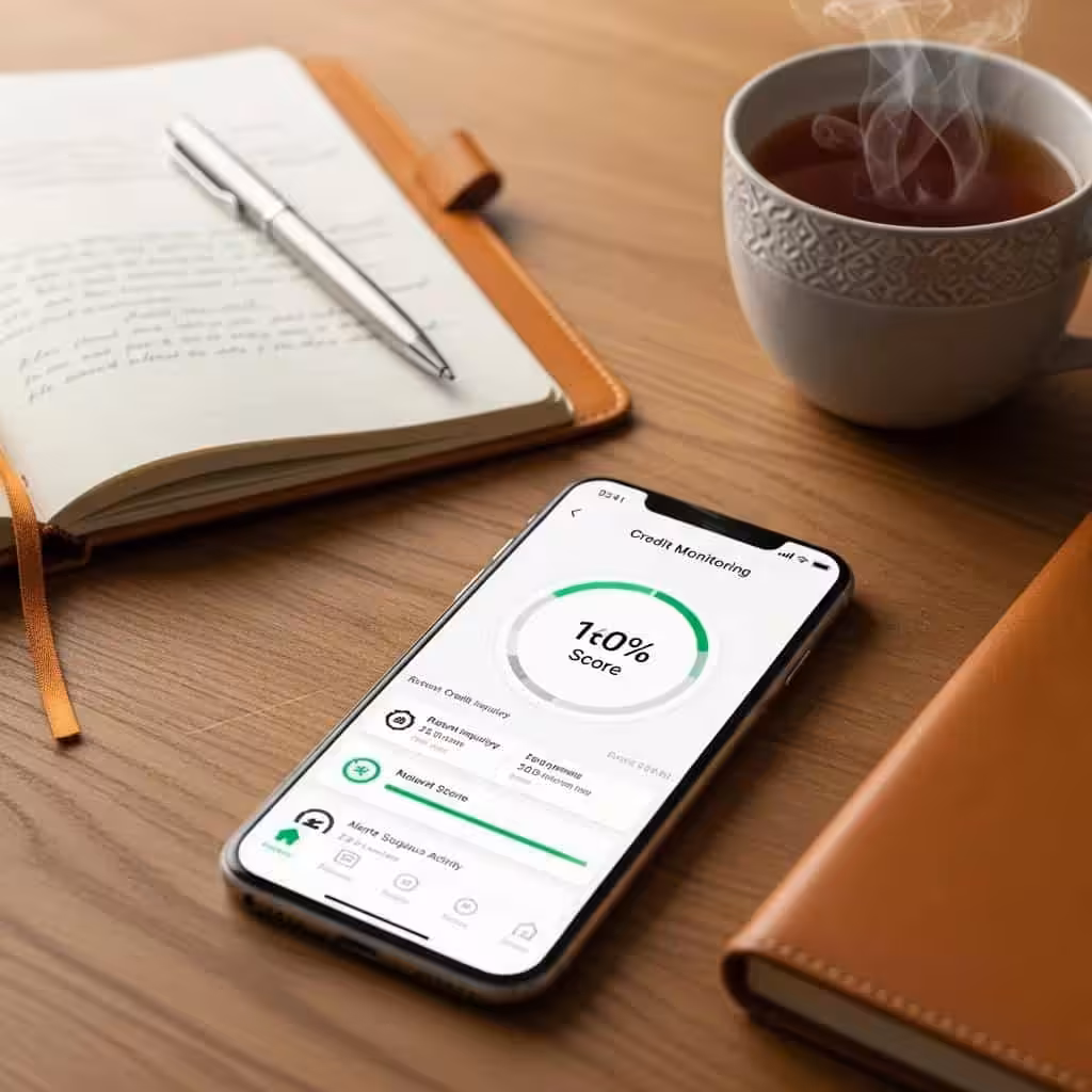 Smartphone displaying credit monitoring app on a cozy workspace