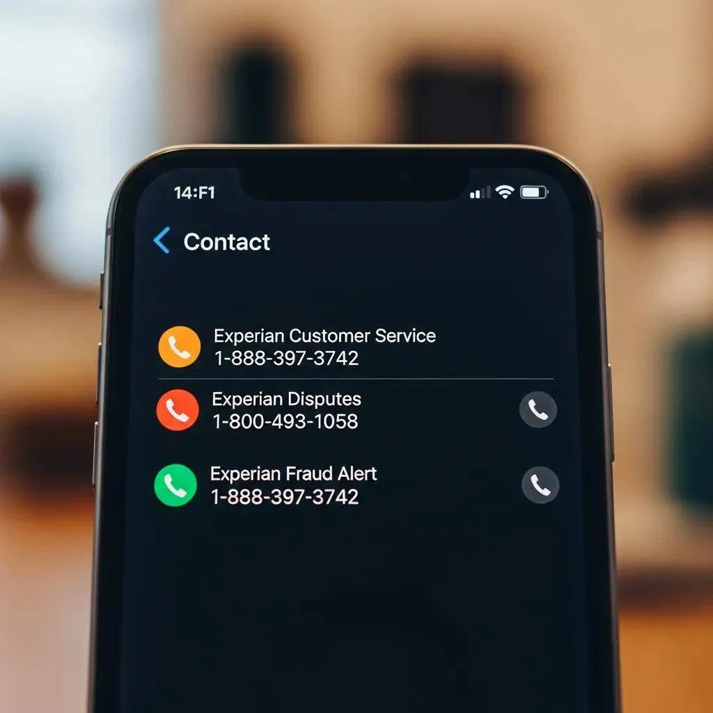 Smartphone displaying Experian contact numbers, highlighting accessibility for credit issues