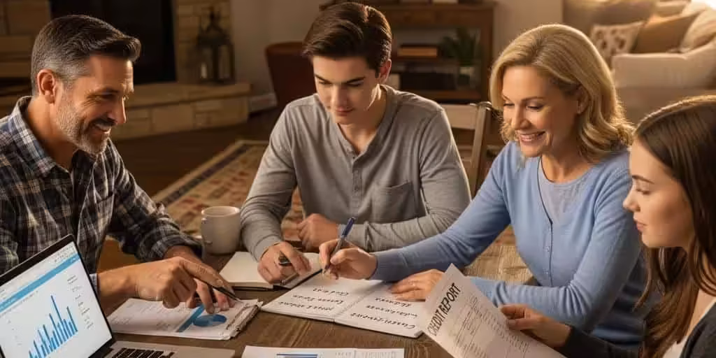 Texan family discussing credit and finance terminology at a dining table with financial documents and a laptop