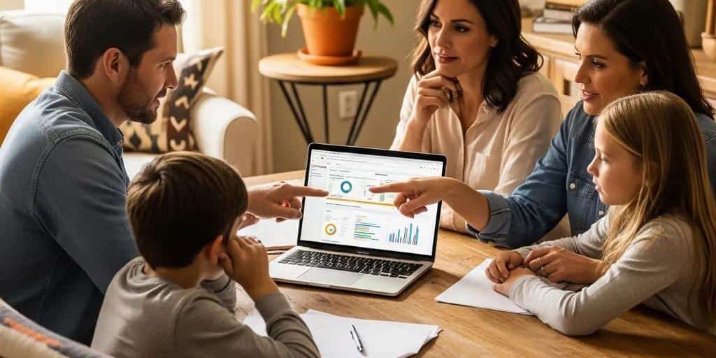 Texan family discussing finances at a table with a laptop, representing community support against predatory loans