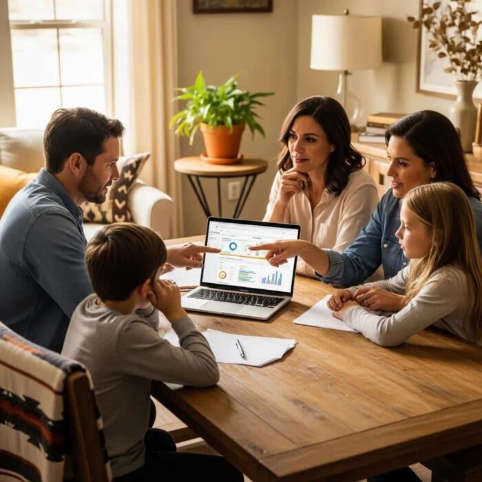Texan family discussing finances at a table with a laptop, representing community support against predatory loans