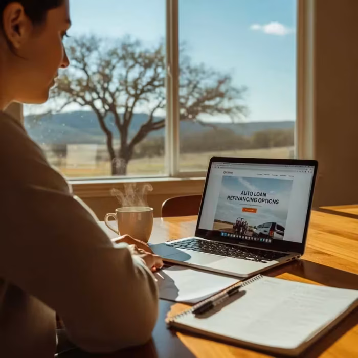Texas resident reviewing auto loan refinancing options at a kitchen table with a laptop and coffee