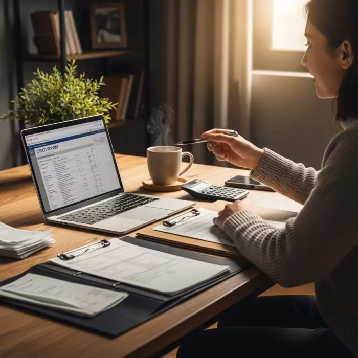 Texas Resident Reviewing Credit Report At A Cozy Desk With Financial Documents 514e8cb8 Eaa9 4771 B1f0 735ff6571212 1 Texas resident reviewing credit report at a cozy desk with financial documents