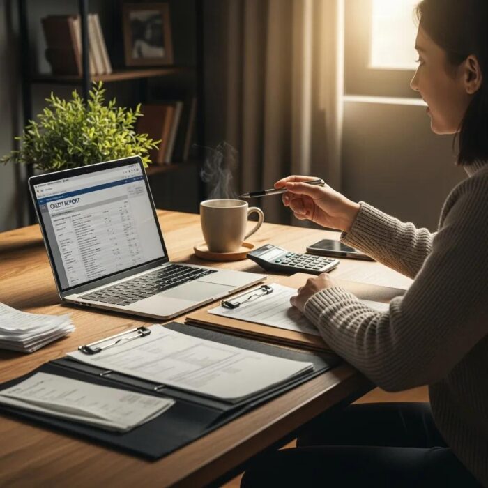 Texas resident reviewing credit report at a cozy desk with financial documents