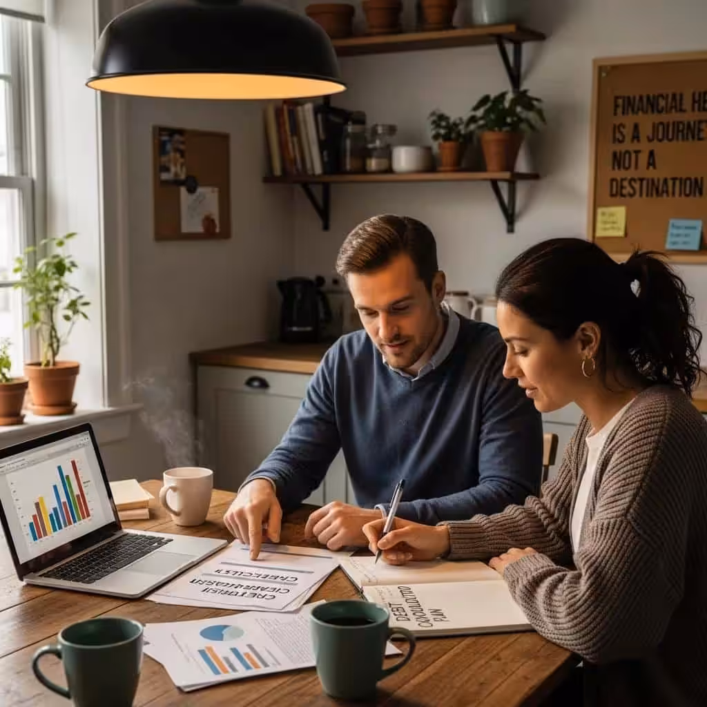 Two individuals discussing financial strategies at a kitchen table