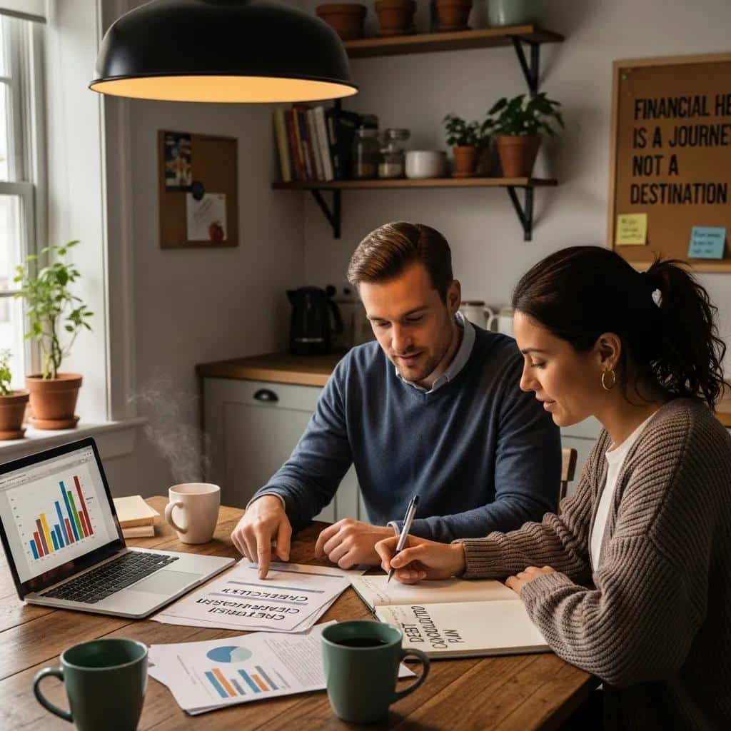 Two individuals discussing financial strategies at a kitchen table