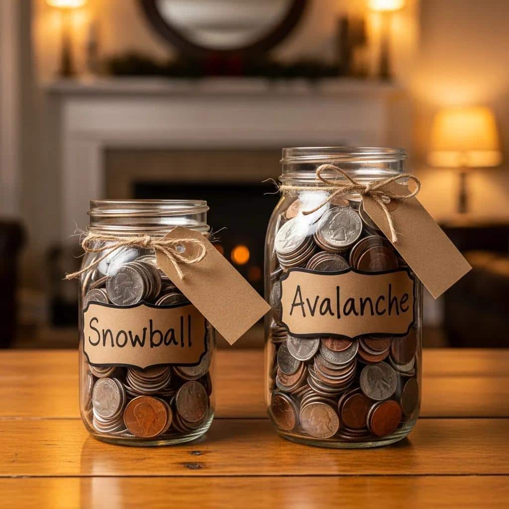Two jars labeled 'Snowball' and 'Avalanche' filled with coins on a wooden table