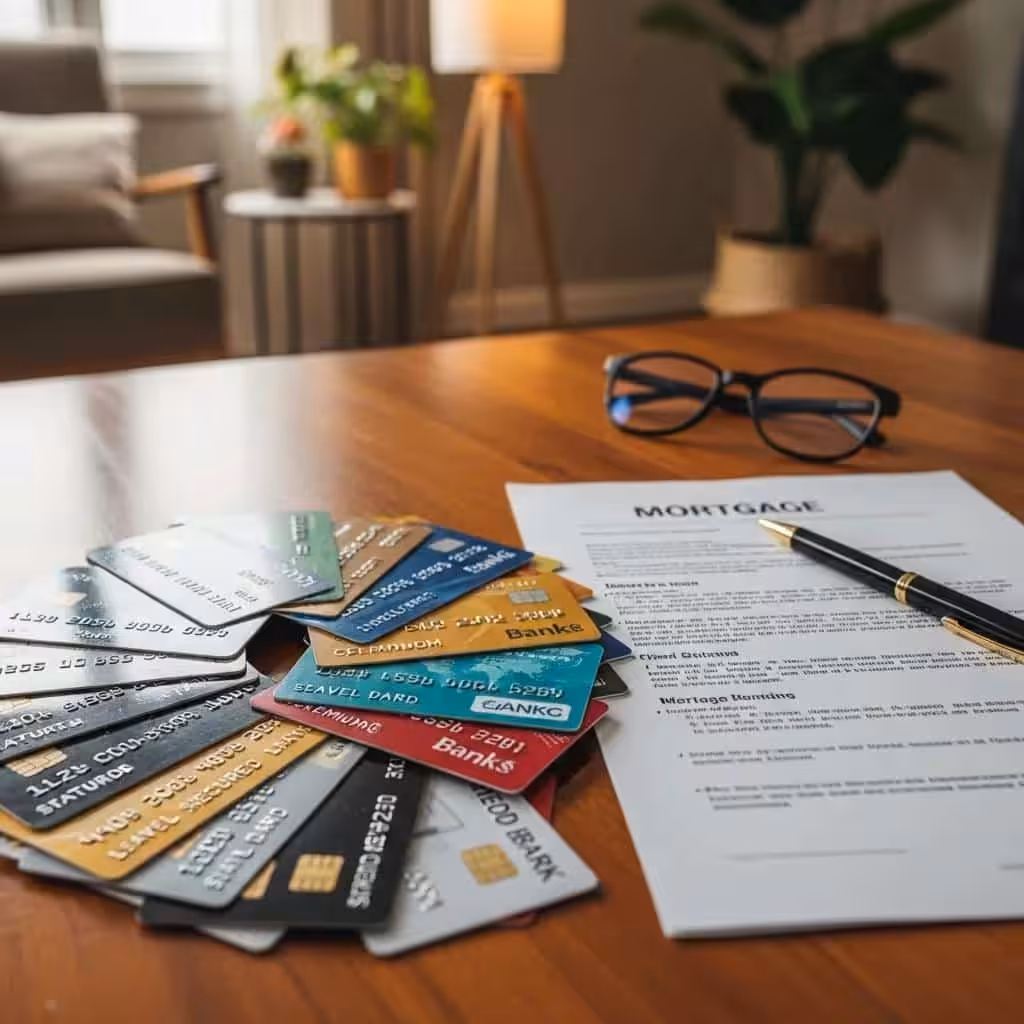 Variety of credit cards and mortgage document on a wooden table representing credit mix