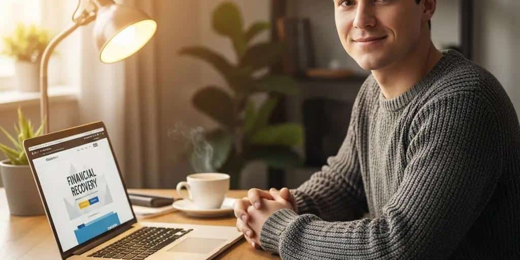 Young adult at a desk with student loan documents and a laptop, representing financial recovery