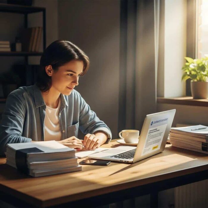 Young adult at a desk with student loan documents and a laptop, symbolizing student loan forgiveness
