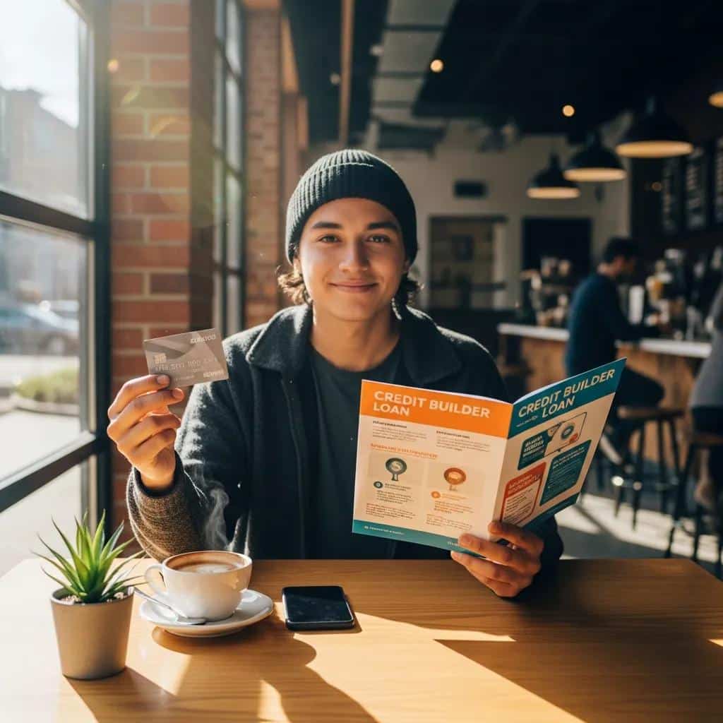 Young adult exploring credit building strategies with secured card and brochure