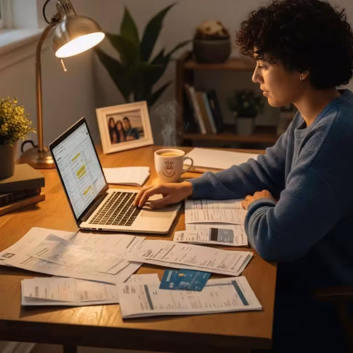 Young adult managing student loans at a cozy desk with documents and a laptop