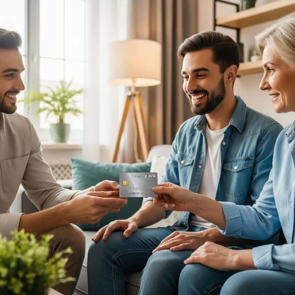 Young adult receiving credit card from family member, symbolizing authorized user benefits
