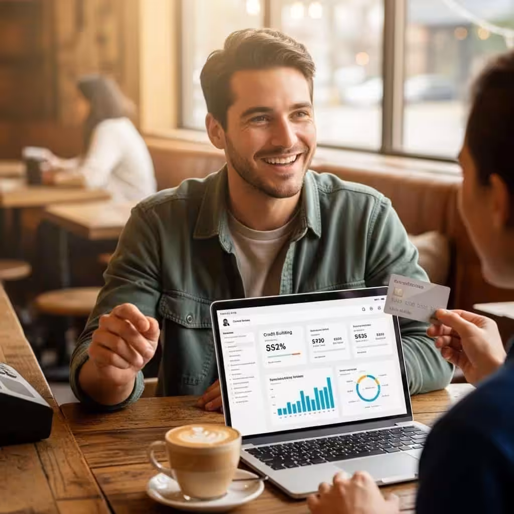 Young adult using a secured credit card and credit-building app in a coffee shop