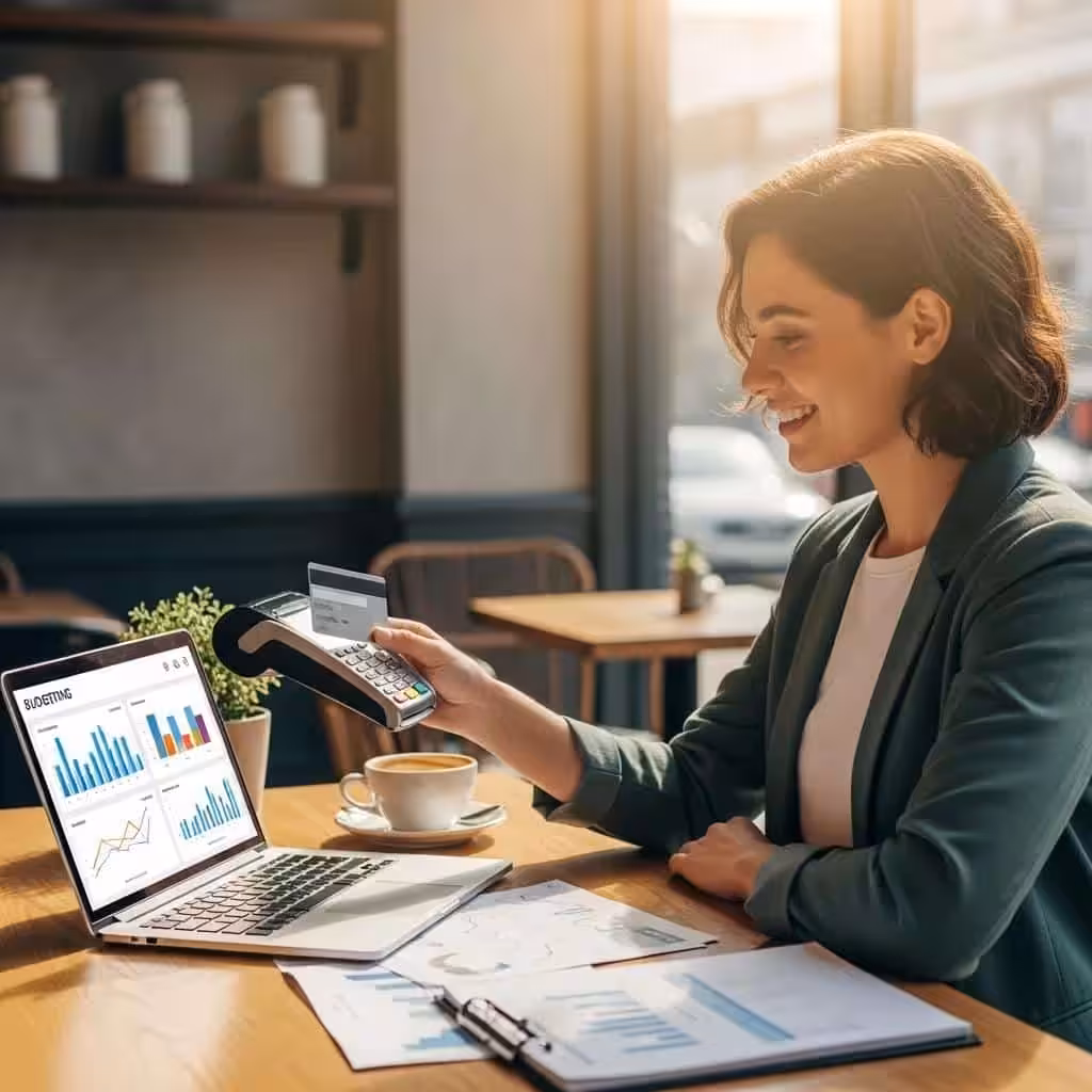 Young adult using a secured credit card in a cafe, symbolizing financial empowerment