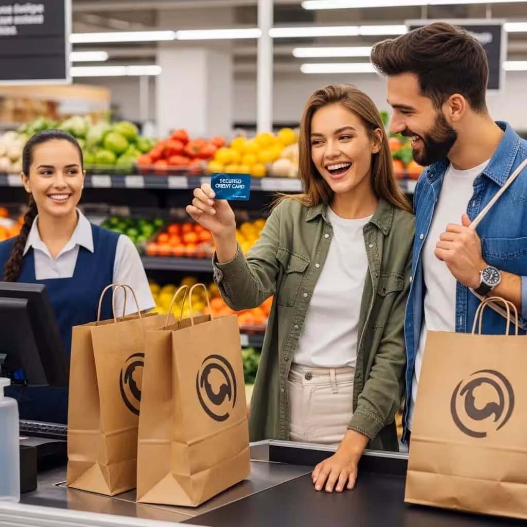 Young couple using a secured credit card at a store, highlighting effective credit building strategies