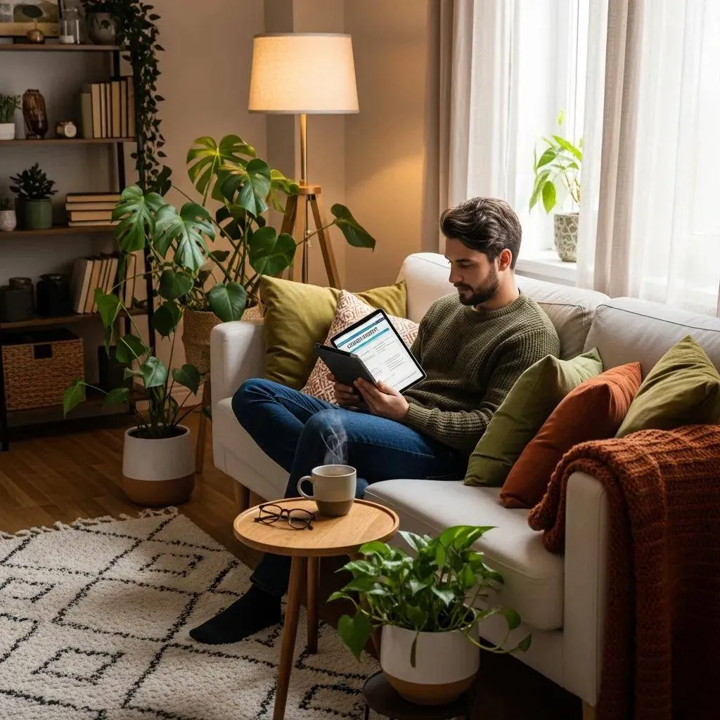 Young professional reviewing credit report in a cozy living room
