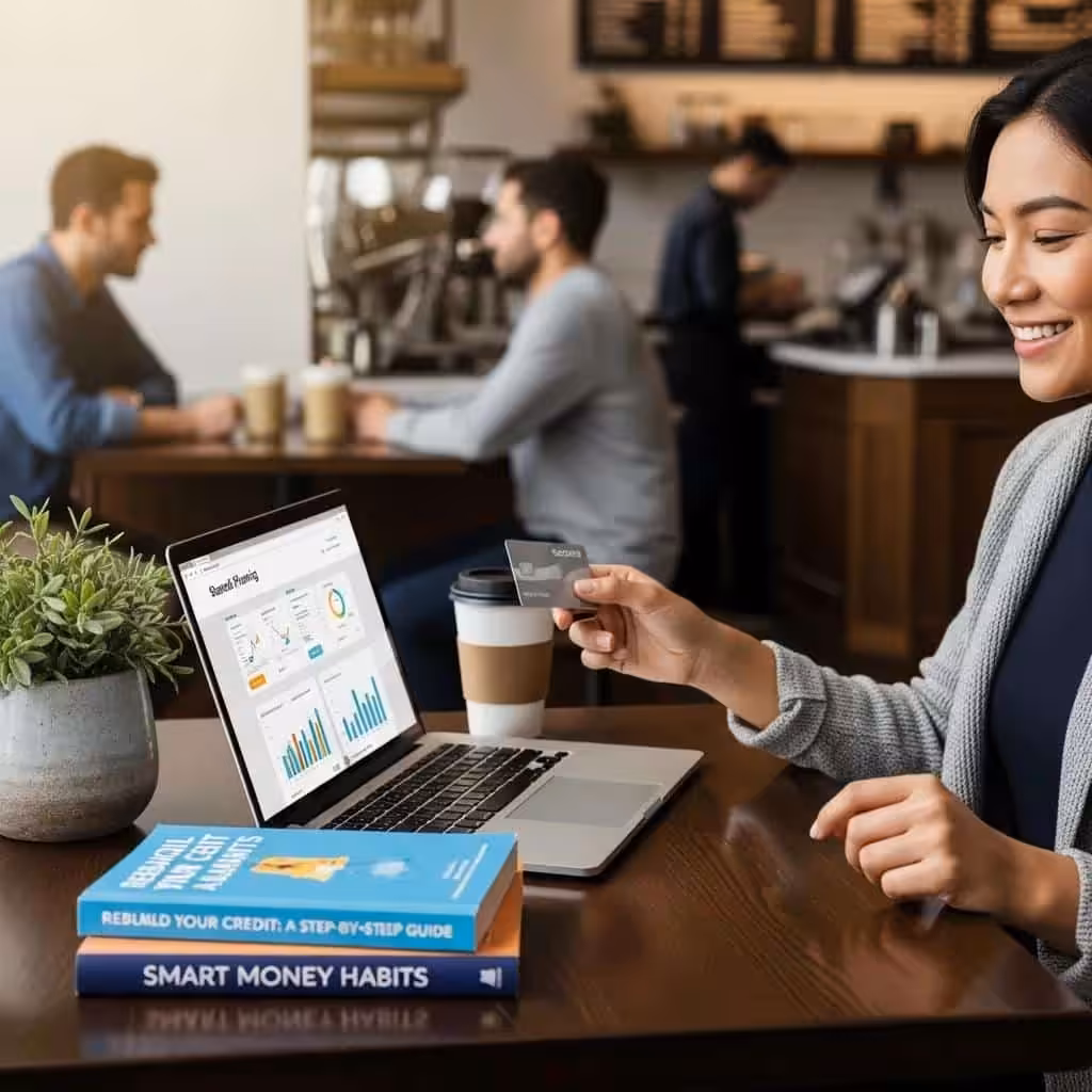 Young professional using secured credit card in coffee shop, illustrating credit rebuilding strategies